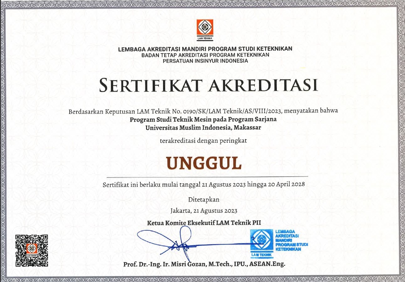 Sertifikat Akreditasi  Unggul Sarjana Teknik Mesin UMI 2023
