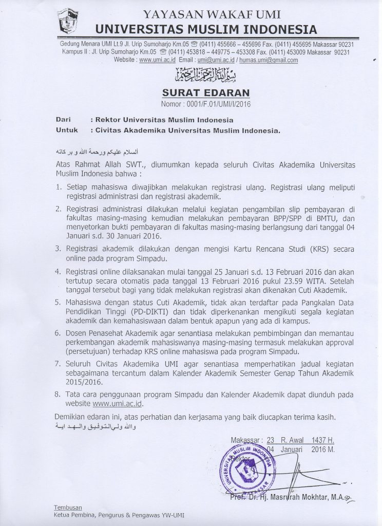 Surat Edaran Rektor UMI : Registrasi Akademik 2015/2016 Akhir