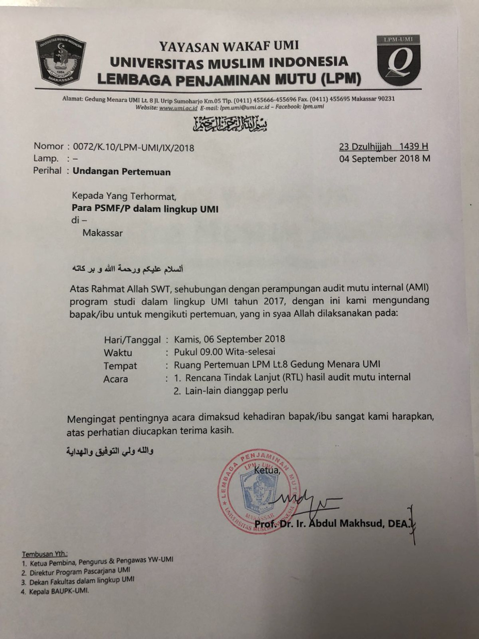 Undangan Pertemuan Para PSMF/P dalam linkup UMI